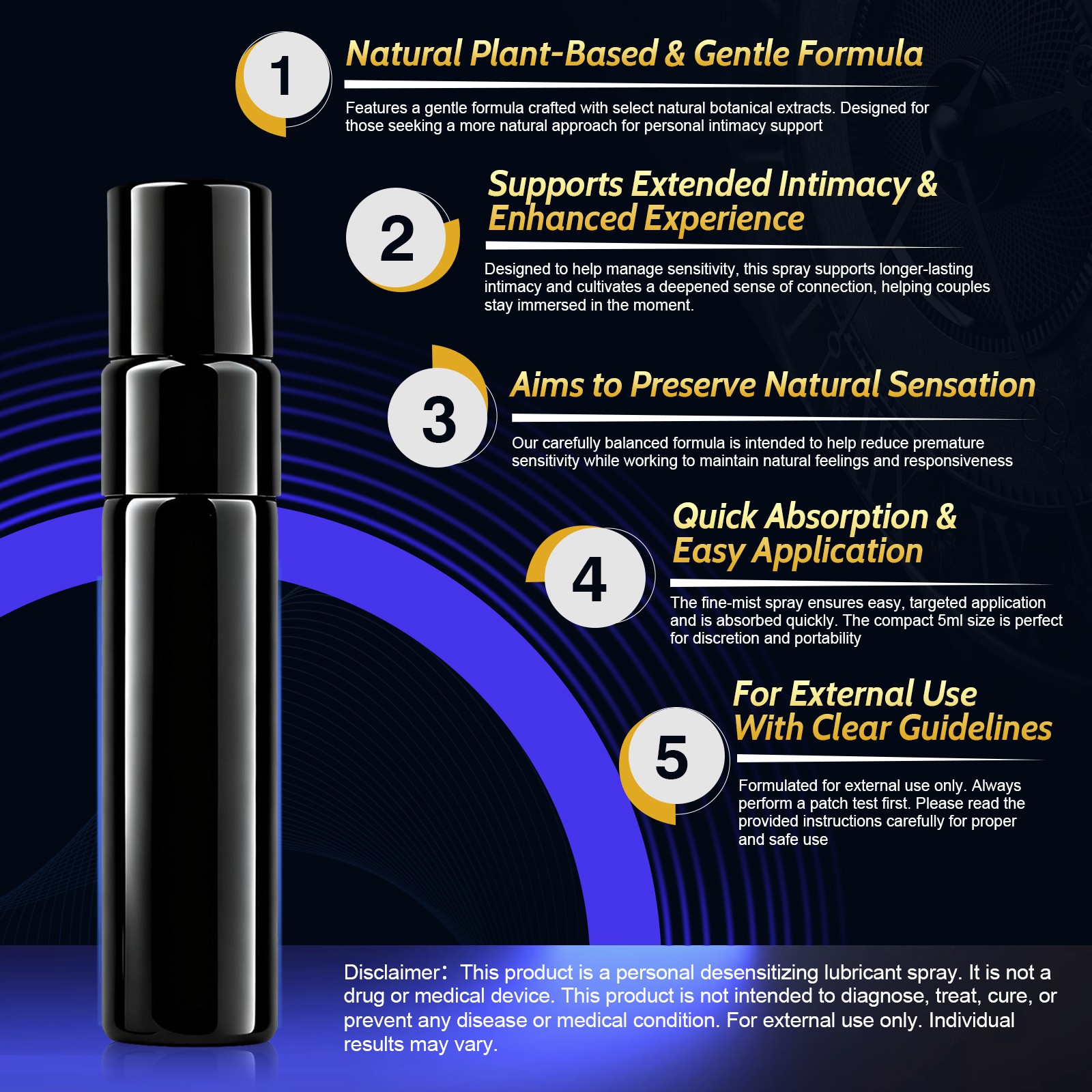YYDSWATER Delay Spray for Men - Natural Desensitising Spray with Plant Extracts - Helps Last Longer, Maintains Sensation - For External Use - 5ml